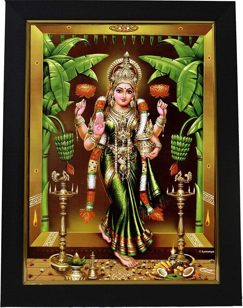 101 Temples - Divinity Eternity Spirituality Wood Godess Gruha Lakshmi Devi God Photo Frame With Wall Hook, 1 Piece | 10" X 13", Matt Finish (Multicolor)
