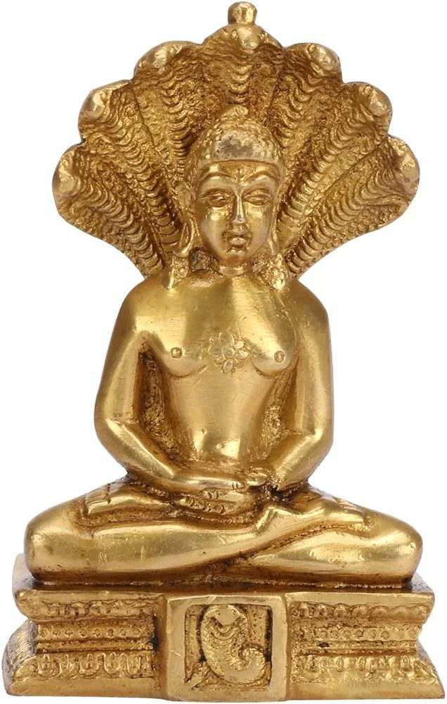 Kartique Brass Lord Mahavir Jain Swami Parasnath Idol Murti Gold Mahaveer Ji Deity with Sheshnaag for Home Decor