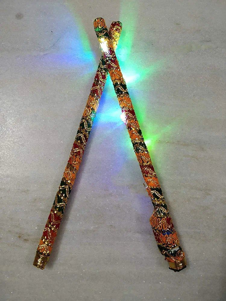 Saudeep India Brocade Lace Decorated Wooden LED Dandiya Sticks For Navratri Garba Festivals (Pair of 1)
