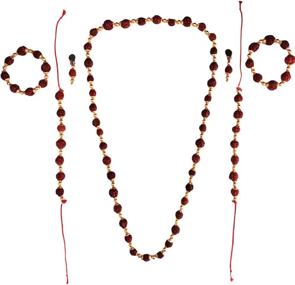 BookMyCostume Natural Brown Rudraksh Golden Plated Rudraksha Jewellery Set with Golden Beads –