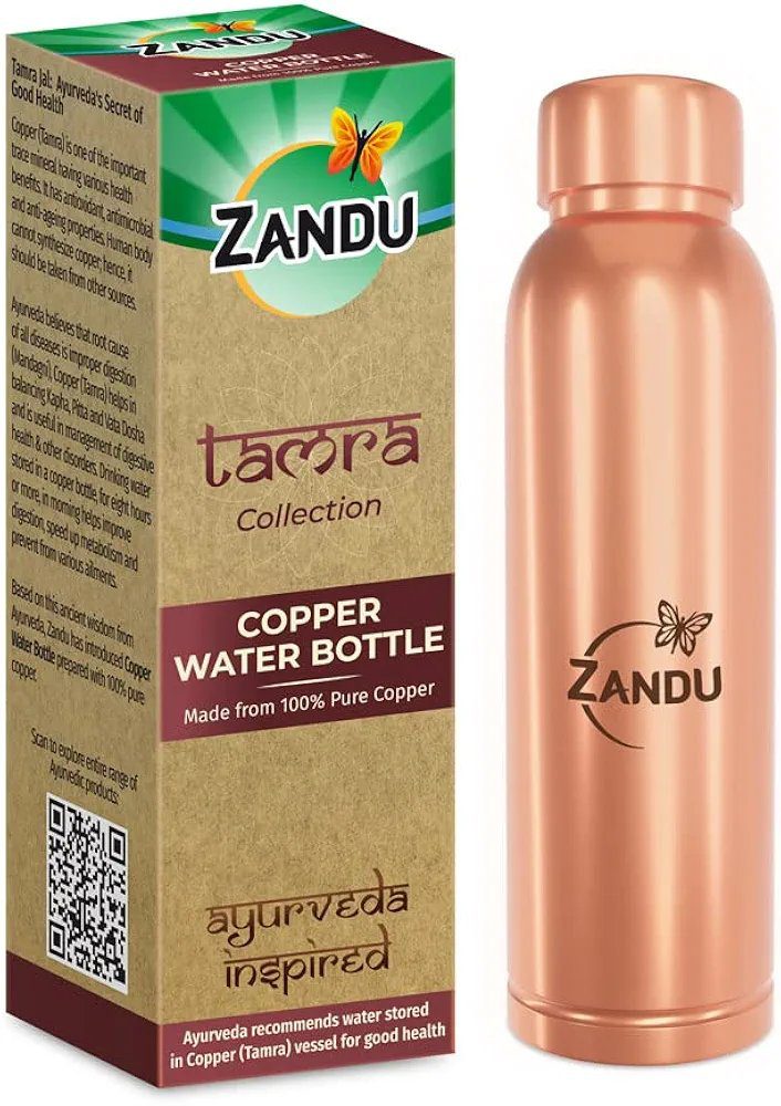 Zandu Copper Bottle (950ml): 100% Pure BPA-Free Water Bottle | Copper-Infused Water | Leak Proof |