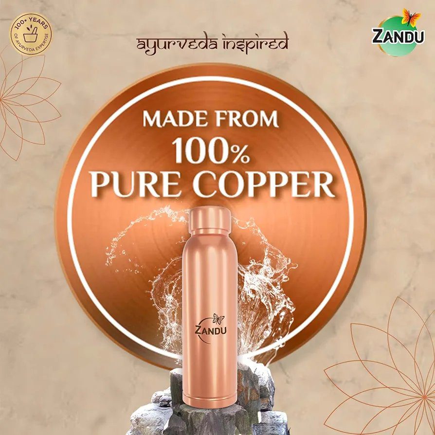 Zandu Copper Bottle (950ml): 100% Pure BPA-Free Water Bottle | Copper-Infused Water | Leak Proof |