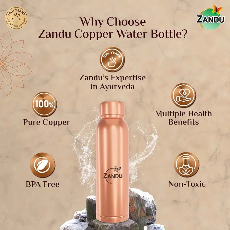 Zandu Copper Bottle (950ml): 100% Pure BPA-Free Water Bottle | Copper-Infused Water | Leak Proof |