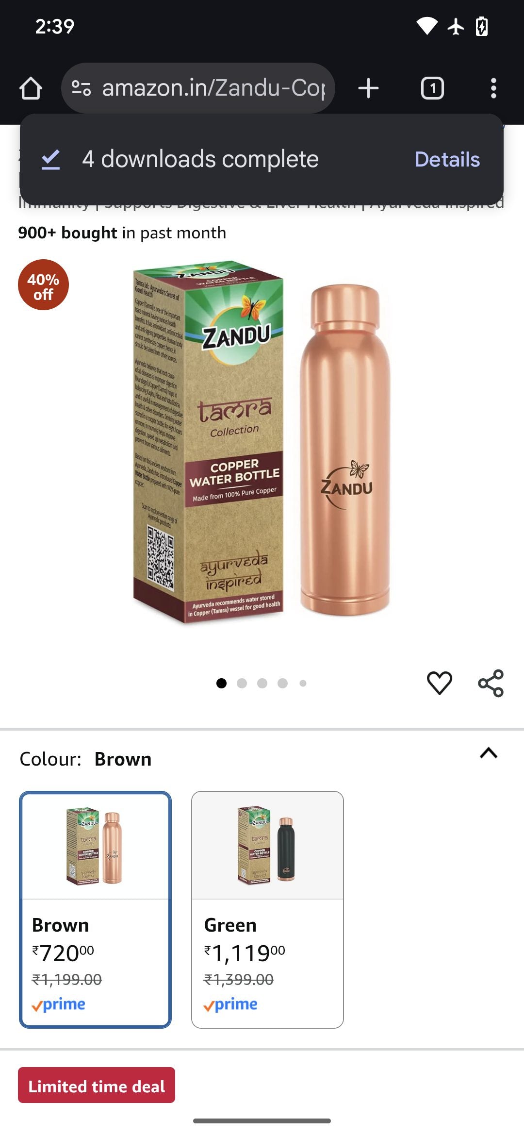 BOROSIL 100% Pure Copper Colour Copper bottle 1 Litre Brown