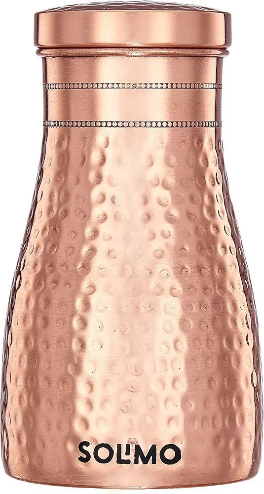 Amazon Brand - Solimo Copper Water Pot | Bedside Pot with Glass | Hammered Finish |950 ml
