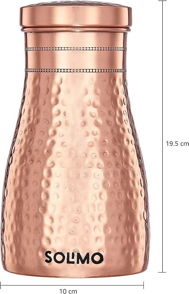 Amazon Brand - Solimo Copper Water Pot | Bedside Pot with Glass | Hammered Finish |950 ml