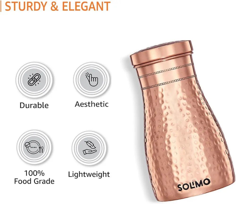 Amazon Brand - Solimo Copper Water Pot | Bedside Pot with Glass | Hammered Finish |950 ml