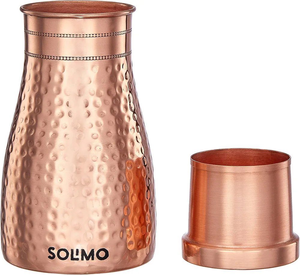 Amazon Brand - Solimo Copper Water Pot | Bedside Pot with Glass | Hammered Finish |950 ml