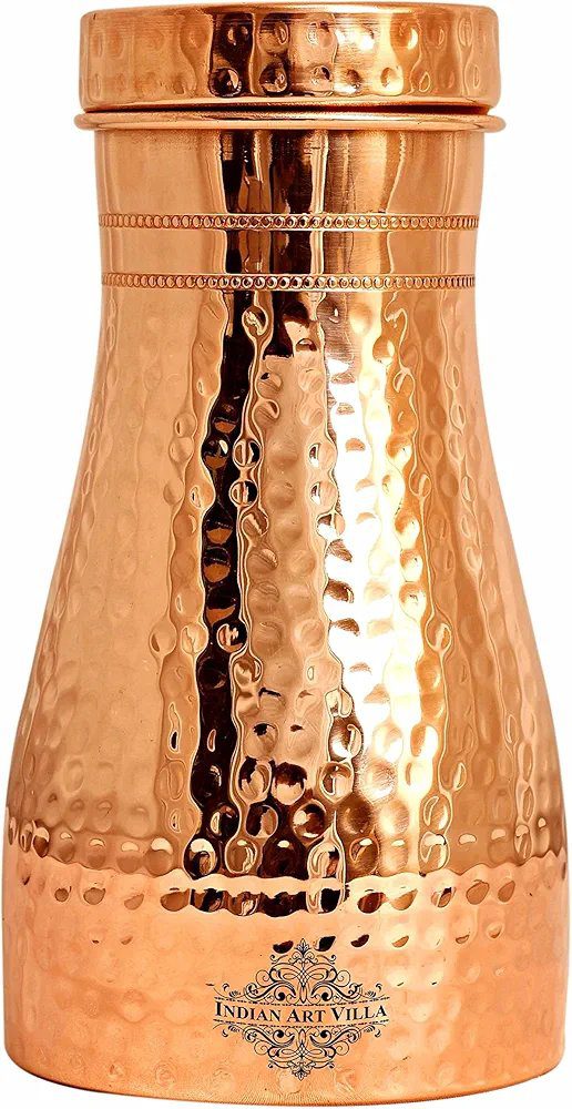 INDIAN ART VILLA Pure Copper Bedroom Water Bottle with Inbuilt Glass, Hammered Shine Design, Drinkware and Storage Purpose, 1000 ml (Pack of 1)