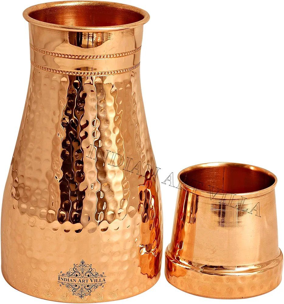 INDIAN ART VILLA Pure Copper Bedroom Water Bottle with Inbuilt Glass, Hammered Shine Design, Drinkware and Storage Purpose, 1000 ml (Pack of 1)