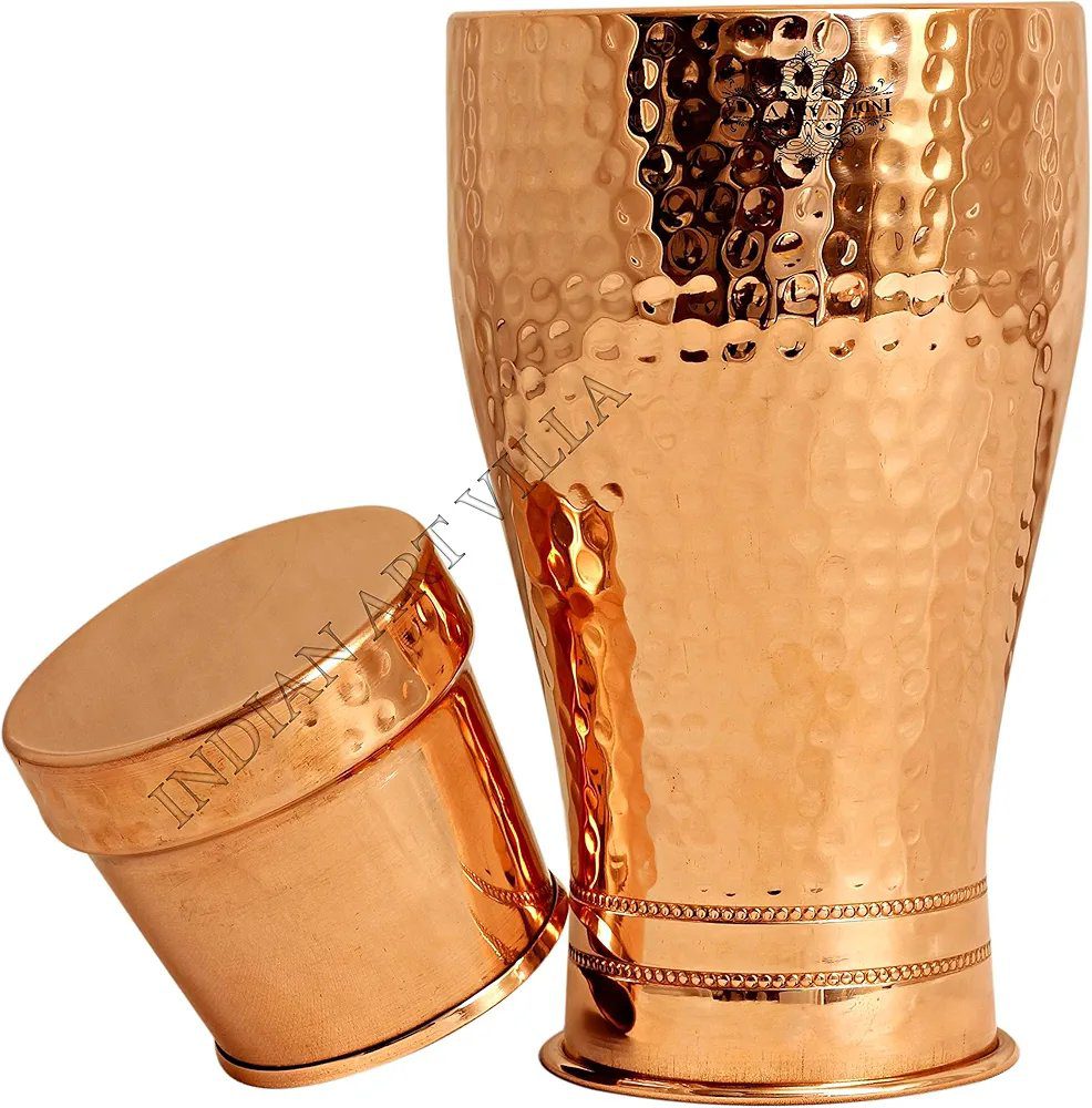 INDIAN ART VILLA Pure Copper Bedroom Water Bottle with Inbuilt Glass, Hammered Shine Design, Drinkware and Storage Purpose, 1000 ml (Pack of 1)