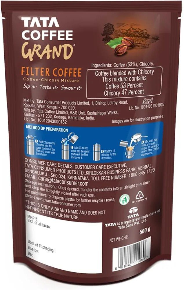 Tata Coffee Grand Filter Coffee, 500g, Rich &amp; Strong, Coffee-Chicory Mixture (53% Coffee and 47% Chicory)