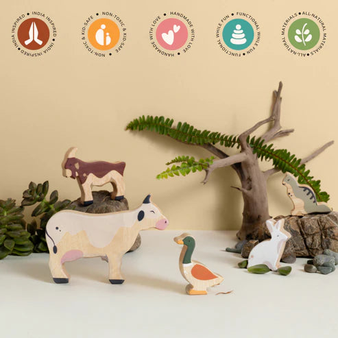 Gubbachhi Once Upon A Farm - 5 Animals. Set 2 Wooden Farm Animals 2 Yrs +