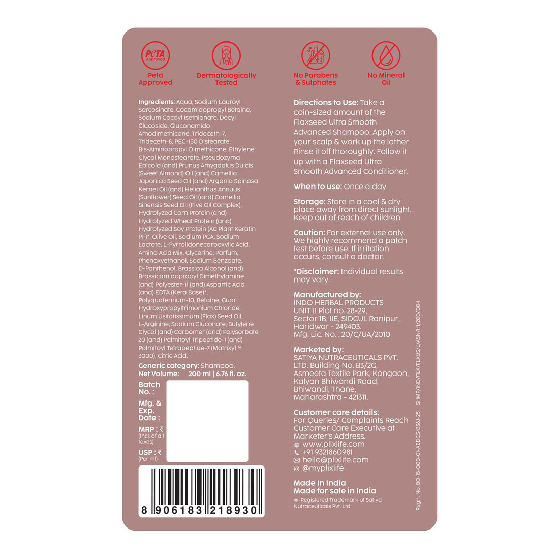 PLIX The Plant Fix Flaxseed Keratin Smoothening Shampoo 200ml