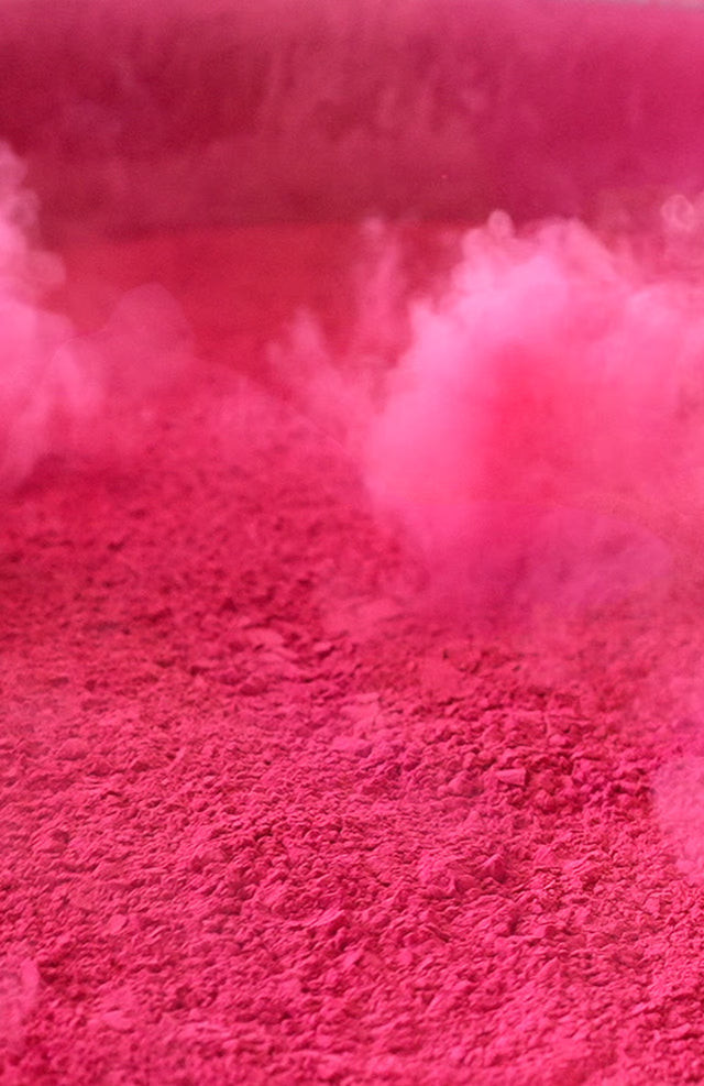 Package of 'nat habit' Gulalai Risps with pink gulal powder on a yellow background