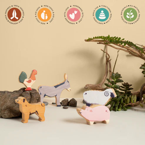Gubbachhi Once Upon A Farm - 5 Animals. Set 1 Wooden Farm Animals 2 Yrs +