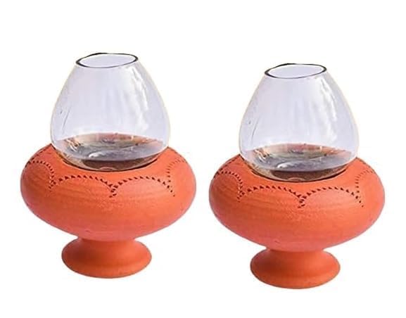 Our Rural Clay Deepam Diya with Glass Cover – Traditional Puja Oil Lamp with Glass Lid (Pack of 2)