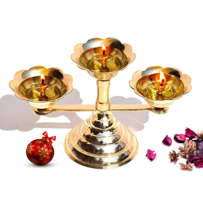 Pure Source India Pure Brass Flower Design 3 Mukhi Diya/Lamp