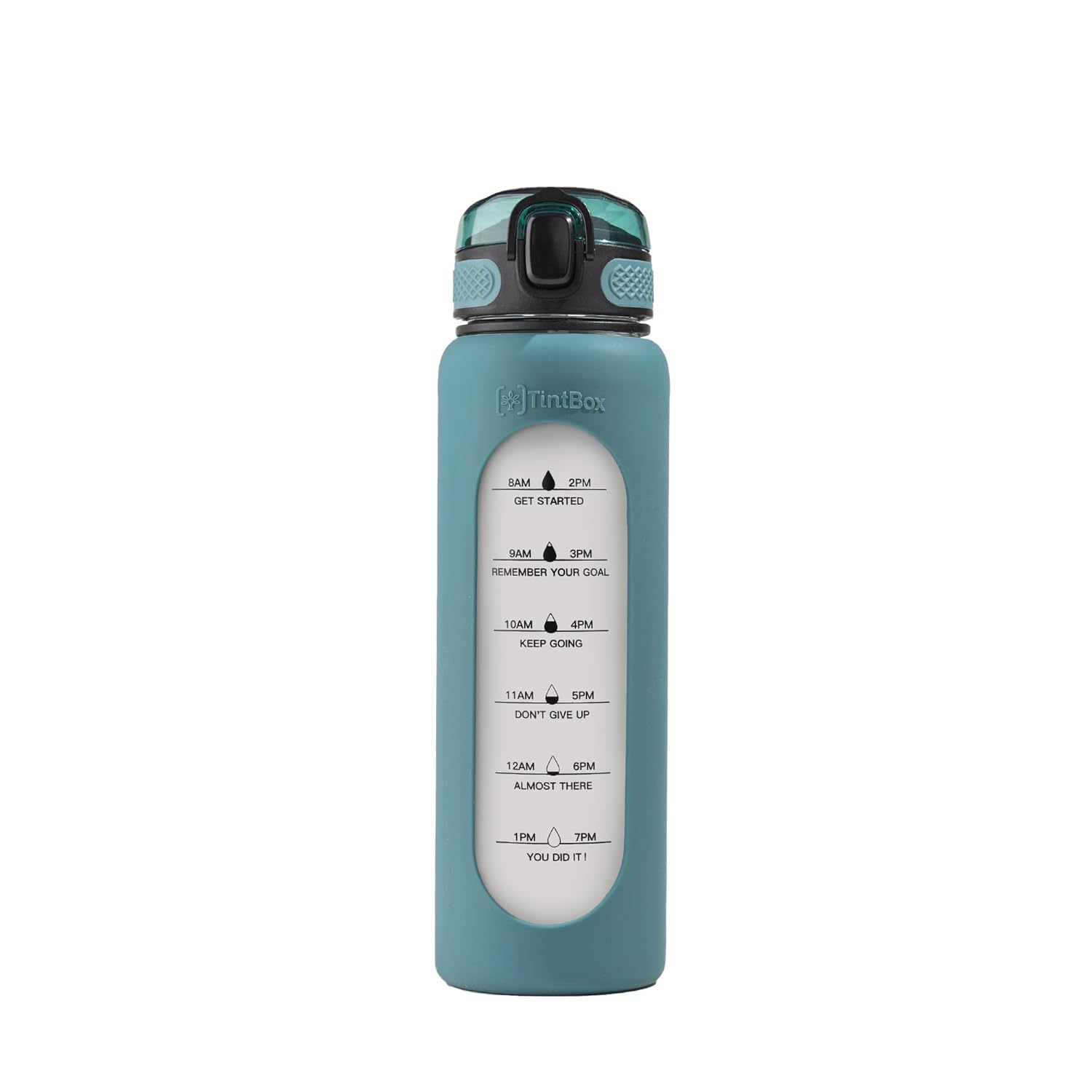 TintBox 1 Litre Motivational Borosilicate Glass Sipper with Silicone Sleeve, Time Markings, Leak-Proof (Planet Green)