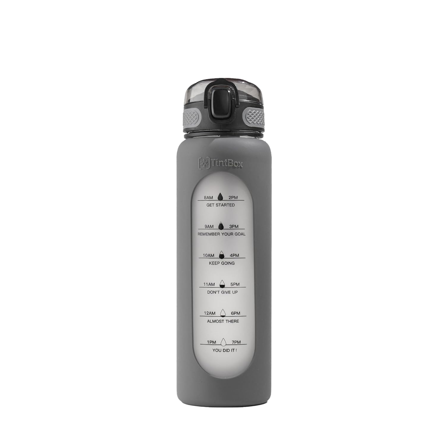TintBox 1 Litre Motivational Borosilicate Glass Sipper with Silicone Sleeve, Time Markings, Leak-Proof (Gravity Grey)
