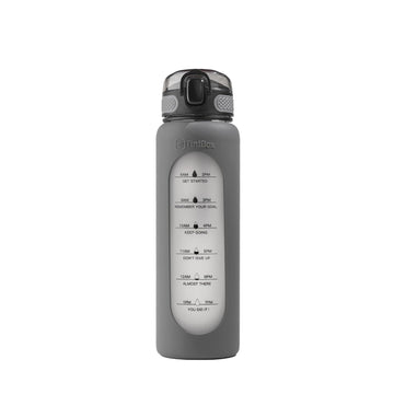 TintBox 1 Litre Motivational Borosilicate Glass Sipper with Silicone Sleeve, Time Markings, Leak-Proof (Gravity Grey)