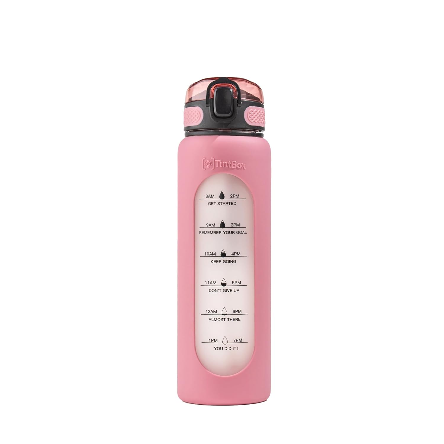 TintBox 1 Litre Motivational Borosilicate Glass Sipper with Silicone Sleeve, Time Markings, Leak-Proof (Venus Pink)