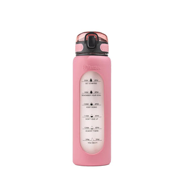 TintBox 1 Litre Motivational Borosilicate Glass Sipper with Silicone Sleeve, Time Markings, Leak-Proof (Venus Pink)