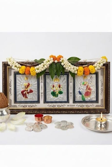 999 Pure Silver Lakshmi Ganesha and Saraswati Frame for Gift