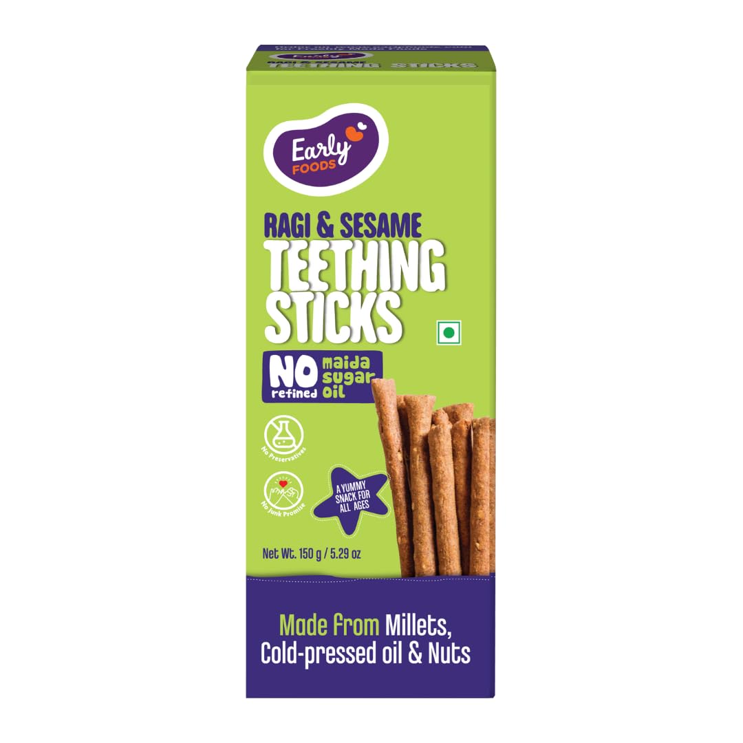 Early Foods No Refined Sugar, No Maida Ragi Teething Sticks | Sweetened with Jaggery | 100% Whole Wheat &