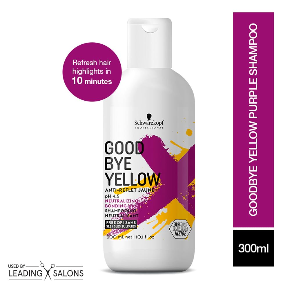 Shampoo bottle labeled 'Good Bye Yellow' by Schwarzkopf on a white background