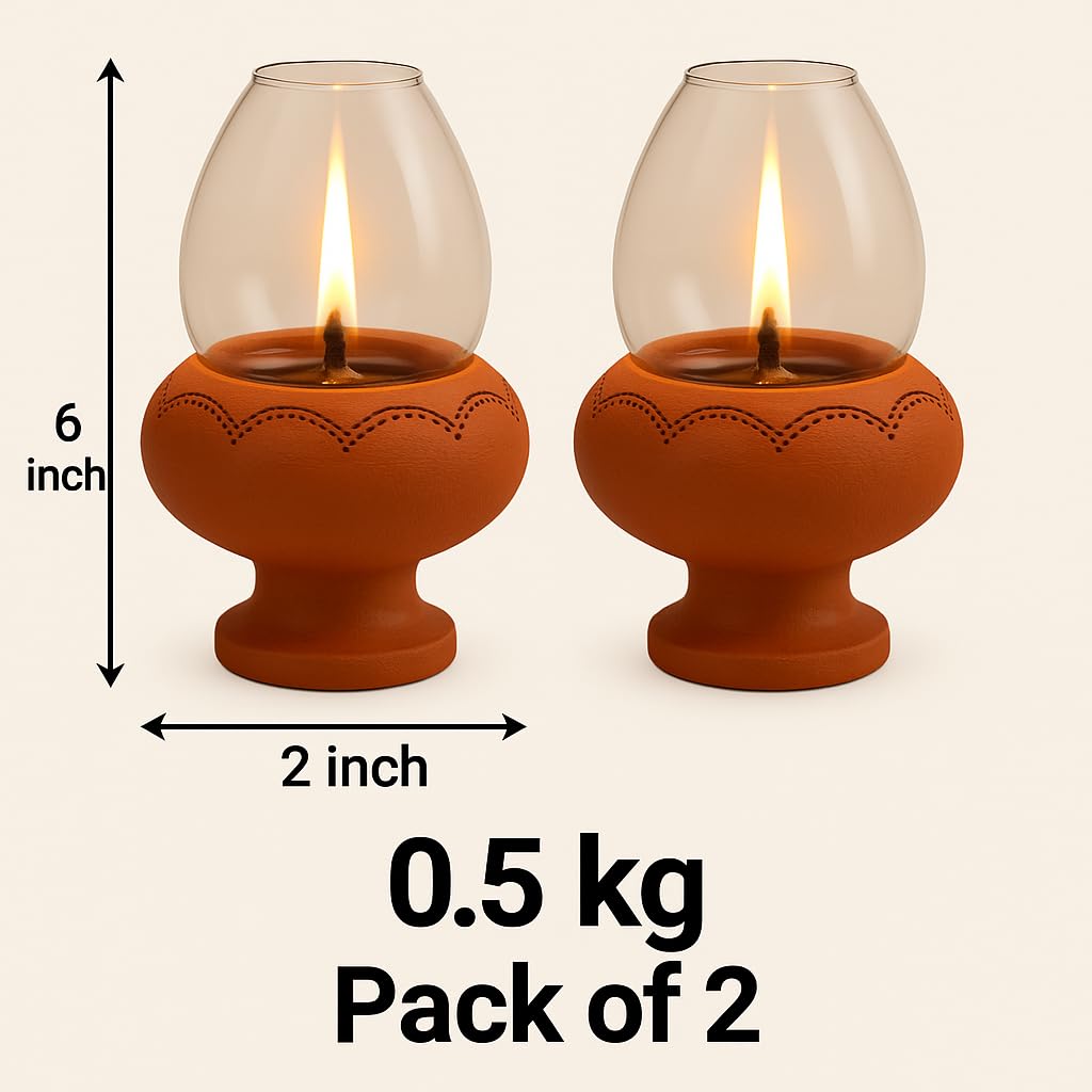 Our Rural Clay Deepam Diya with Glass Cover – Traditional Puja Oil Lamp with Glass Lid (Pack of 2)