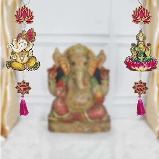 Divyakosh Handmade Shubh Labh Laxmi Ganesh Lotus Hangings, Temple Decoration, Diwali/Ganpati Decor, Lotus Decoration Items, Sohn/Shun/Shoon, Puja Tags, Door Tags, 1 Pair I.E. Pack Of 2, Tan