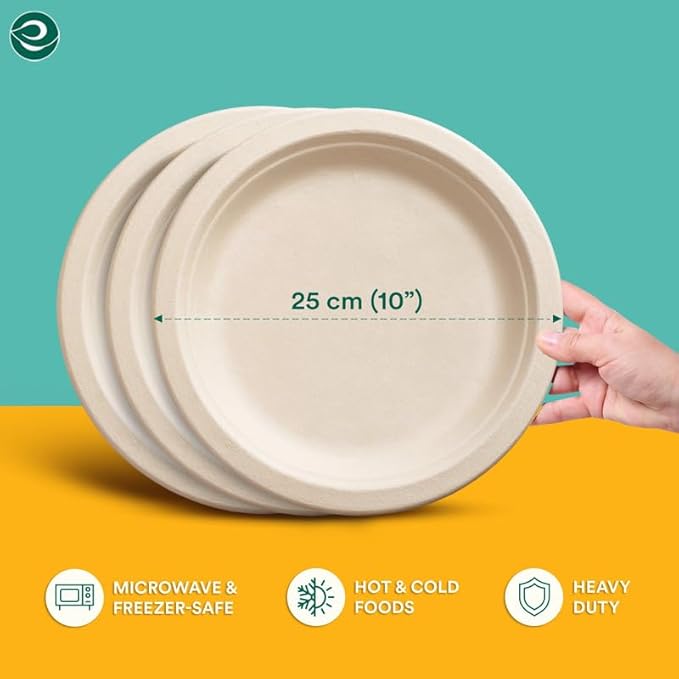 ECO SOUL 10-Inch Bagasse Plates | 50-Pack | Eco-Friendly & Biodegradable Sugarcane Plates