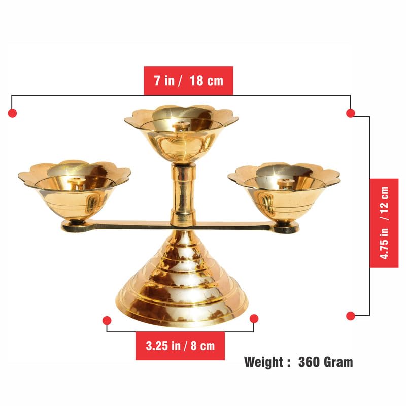 Pure Source India Pure Brass Flower Design 3 Mukhi Diya/Lamp