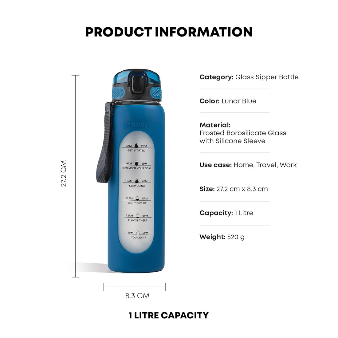 TintBox 1 Litre Motivational Borosilicate Glass Sipper with Silicone Sleeve, Time Markings, Leak-Proof (Lunar Blue)