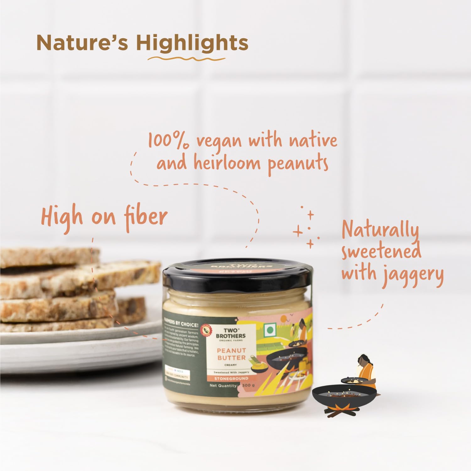 Two Brothers Organic Farms Stoneground Creamy Peanut Butter with Jaggery (300G)