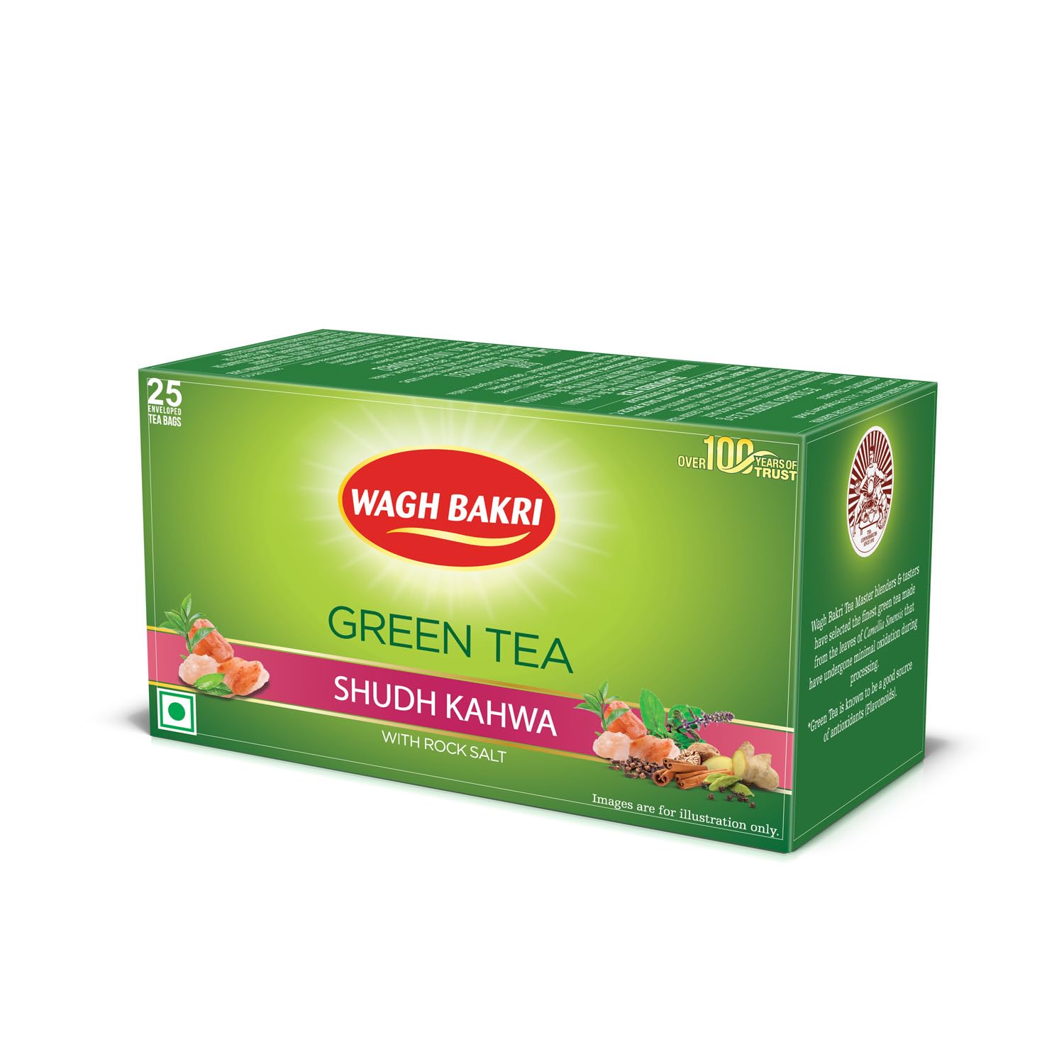 Wagh Bakri Green Tea Shudh Kahwa Tea Bag, 25 Tea Bag*2.5G, 62.5 Grams
