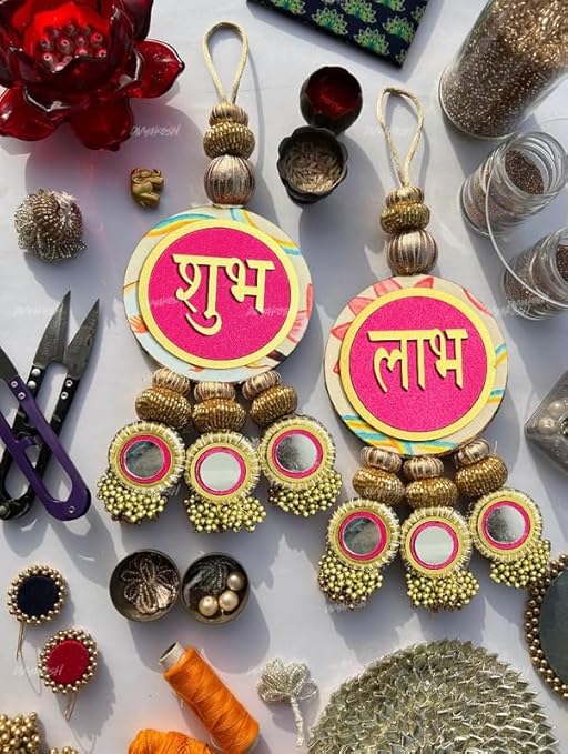 Divyakosh Shubh Labh Door Hanging (2 Pcs), Elegantly Handcrafted Tags - Shoon/Soohn/Good Luck Tag, Decor For Entrance Festivities, Authentic Indian Design (Bright Pink), 30 Centimeters