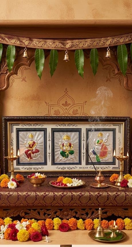 999 Pure Silver Lakshmi Ganesha and Saraswati Frame for Gift