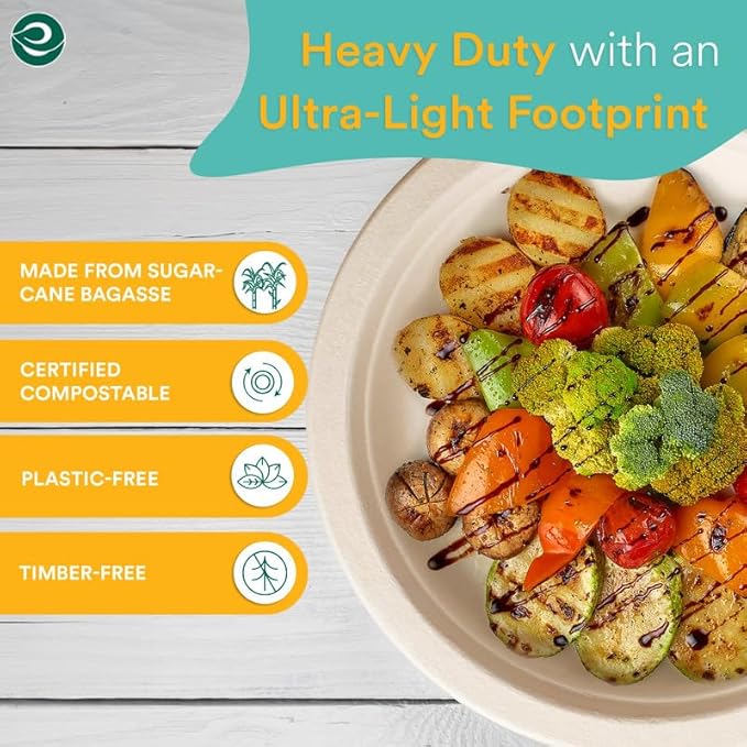ECO SOUL 10-Inch Bagasse Plates | 50-Pack | Eco-Friendly & Biodegradable Sugarcane Plates