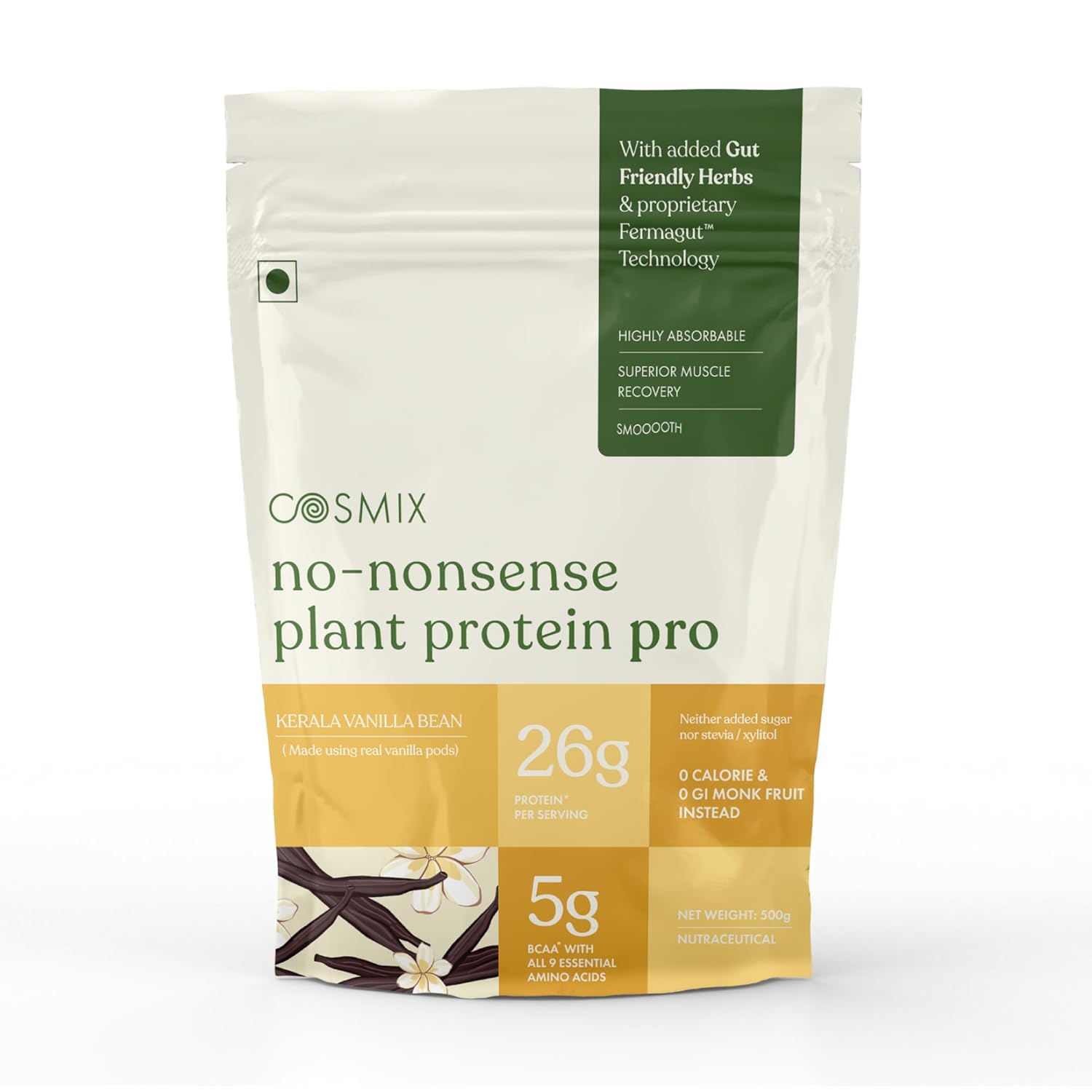 Cosmix No-Nonsense Plant Protein Pro | 26g Protein/Serve | Kerala Vanilla Bean - 500 G