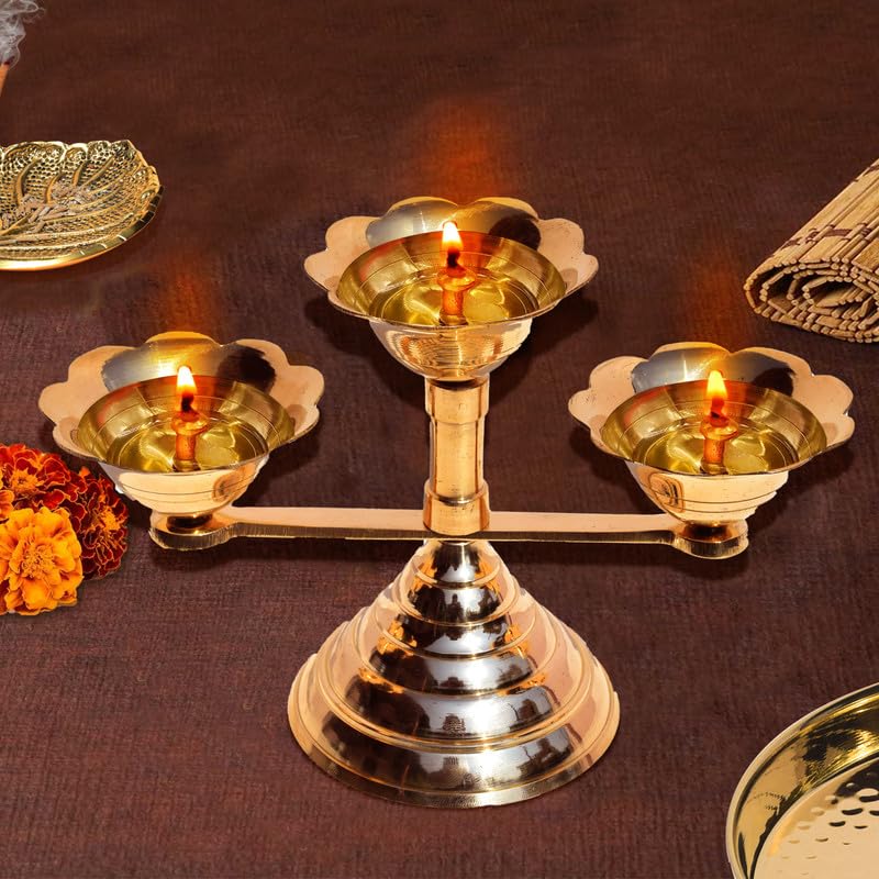 Pure Source India Pure Brass Flower Design 3 Mukhi Diya/Lamp