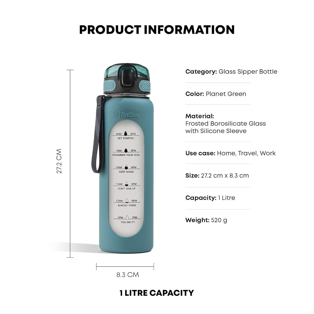 TintBox 1 Litre Motivational Borosilicate Glass Sipper with Silicone Sleeve, Time Markings, Leak-Proof (Planet Green)