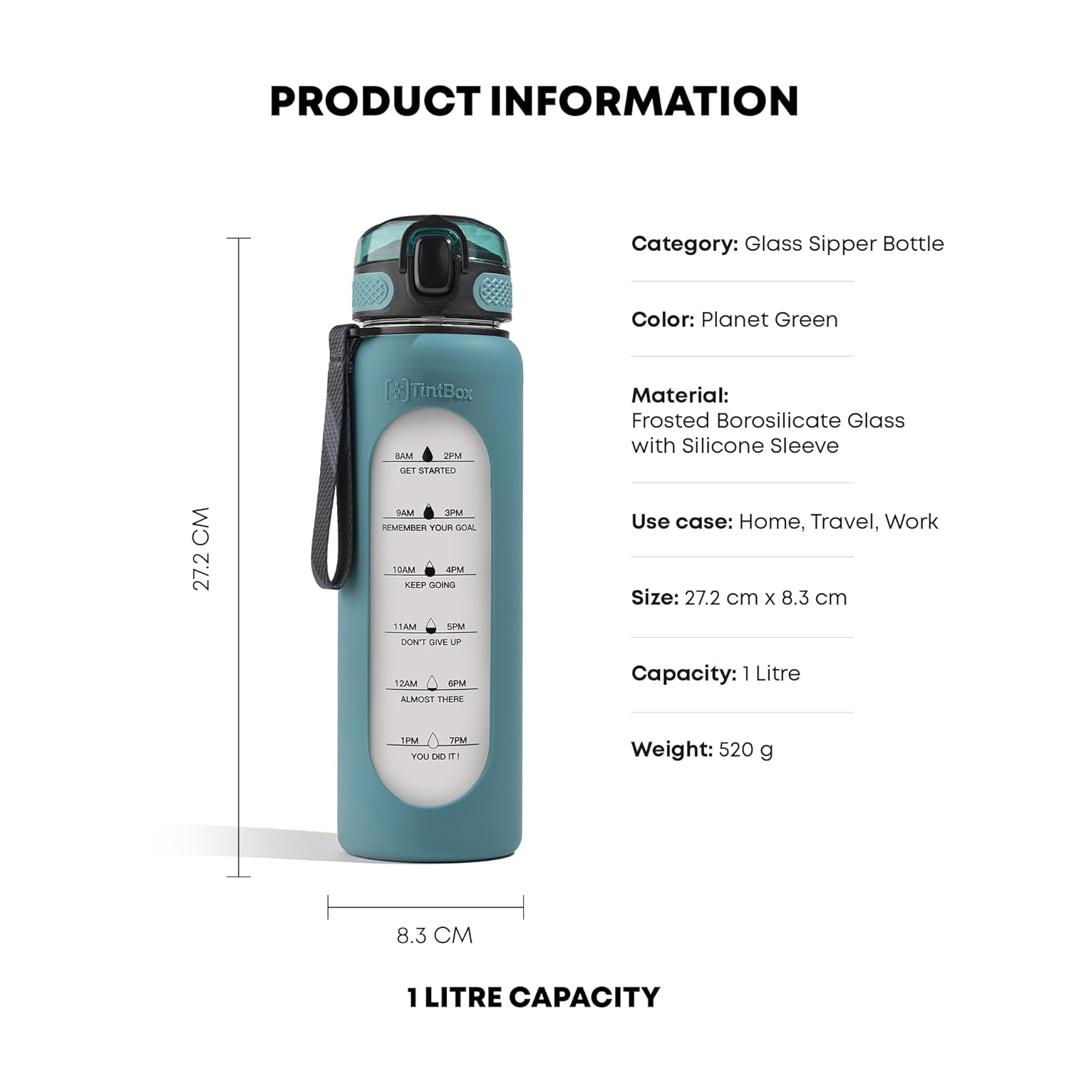 TintBox 1 Litre Motivational Borosilicate Glass Sipper with Silicone Sleeve, Time Markings, Leak-Proof (Planet Green)