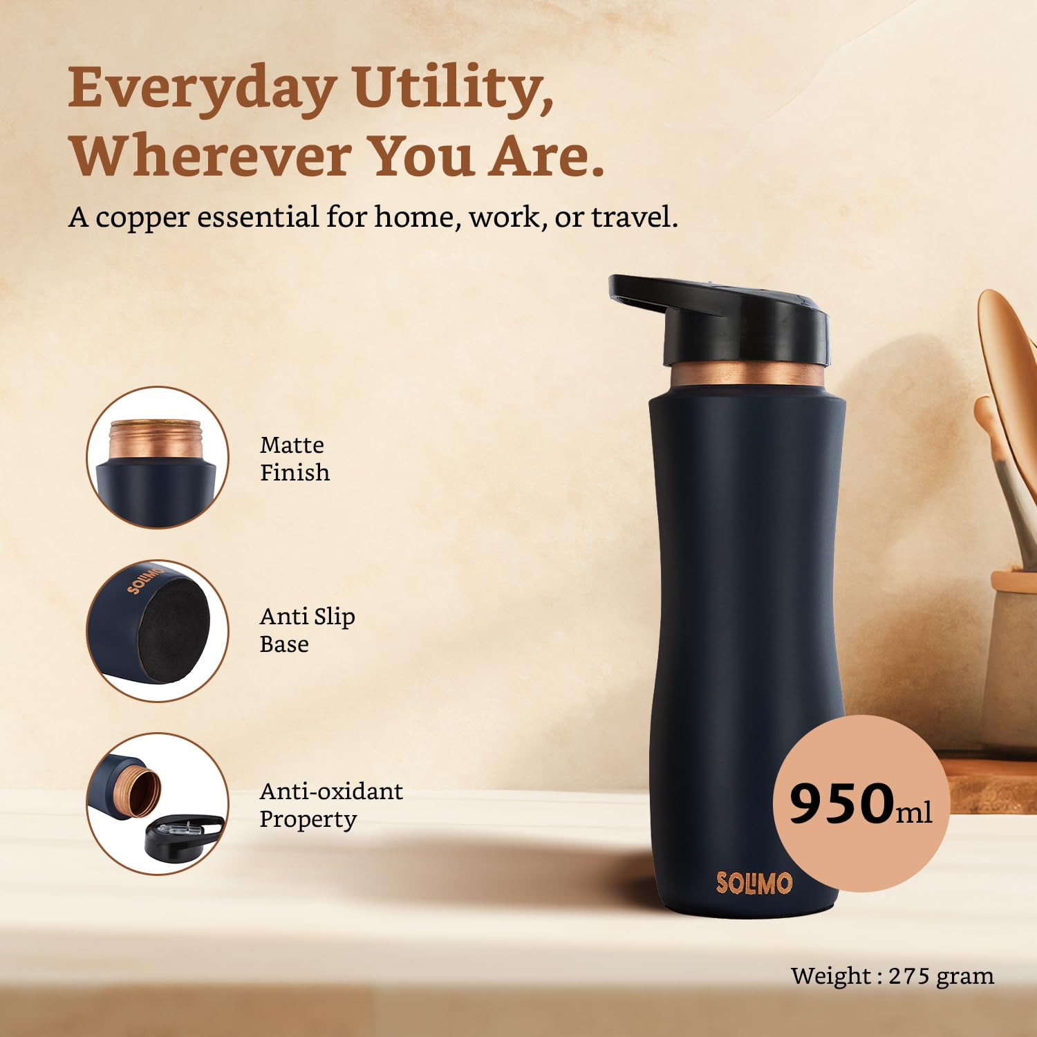 Solimo Copper Leak-Proof Powder Coating Sipper Bottles | 950 ml | Pure Copper | Coca Cola Color | Daily Wellness Sipper Bottle