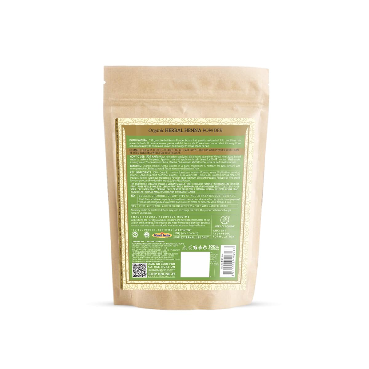 Khadi Natural Herbal Henna Organic Powder –  Green 100g