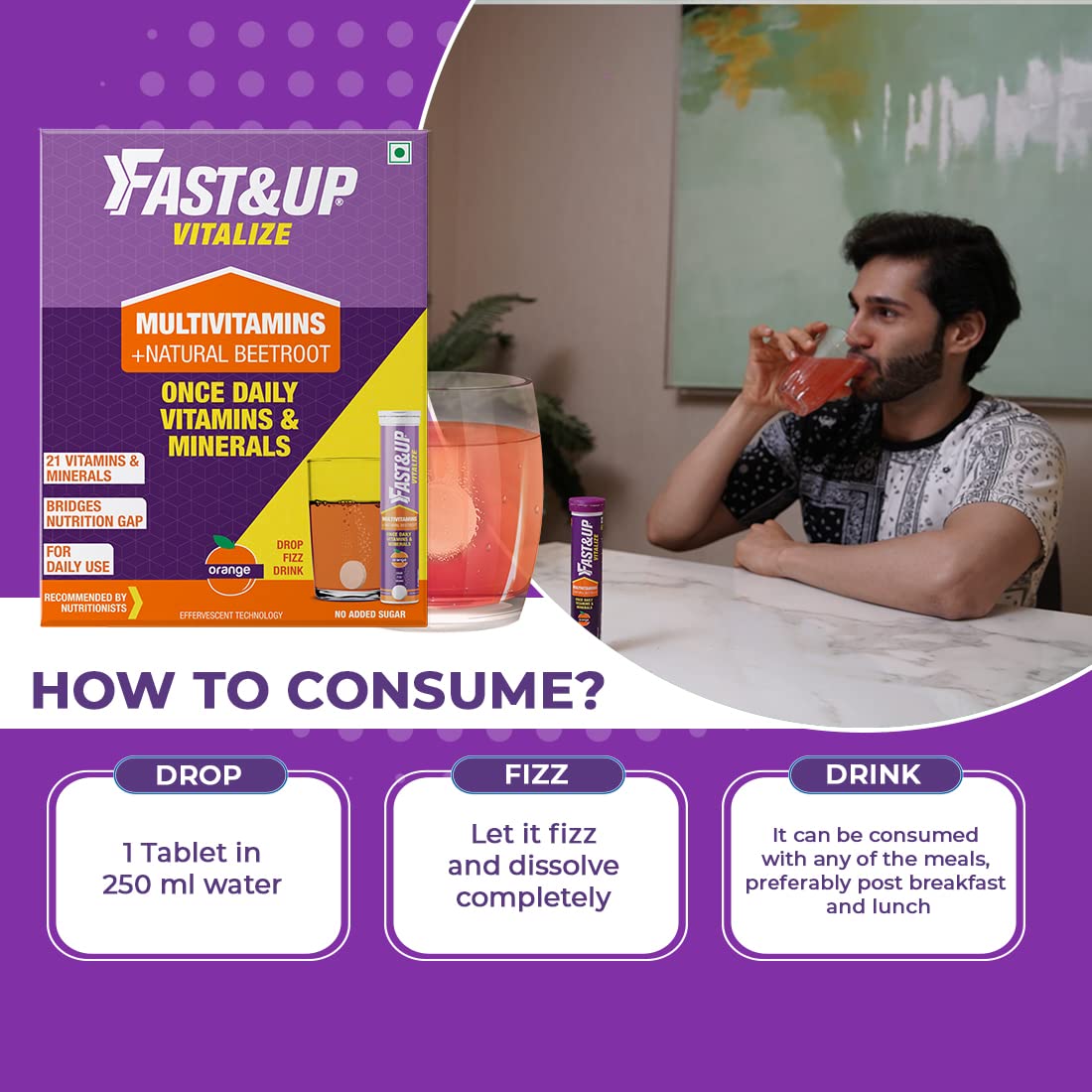 Fast&Up Vitalize - Immunity Essential Multivitamin For Men & Women (60 Effervescent Tablets, Orange Flavor)