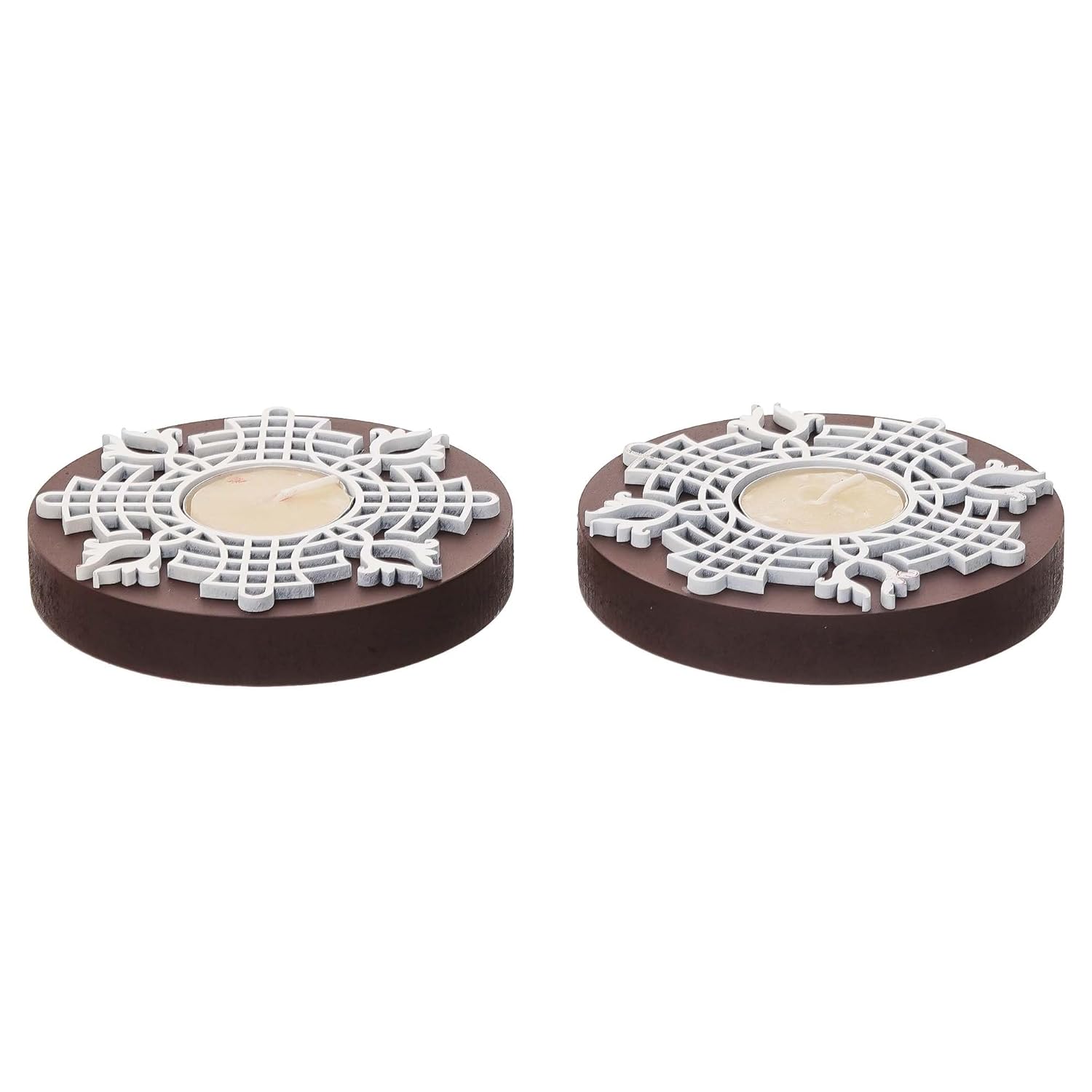 eCraftIndia Brown & White Round Handcrafted Wooden Block Print Tea Light Candle Holders