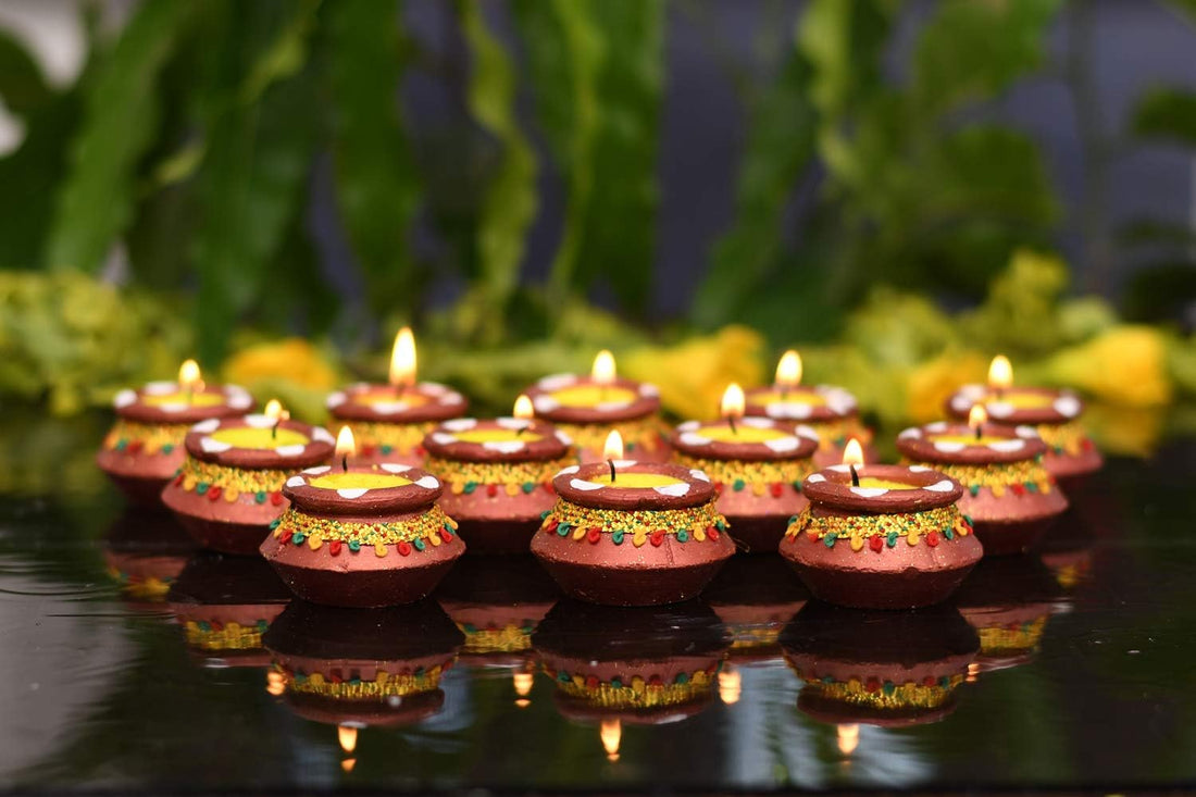Collectible India 12 Diwali Diya Colorful Handmade Earthen Clay Handpainted Diyas