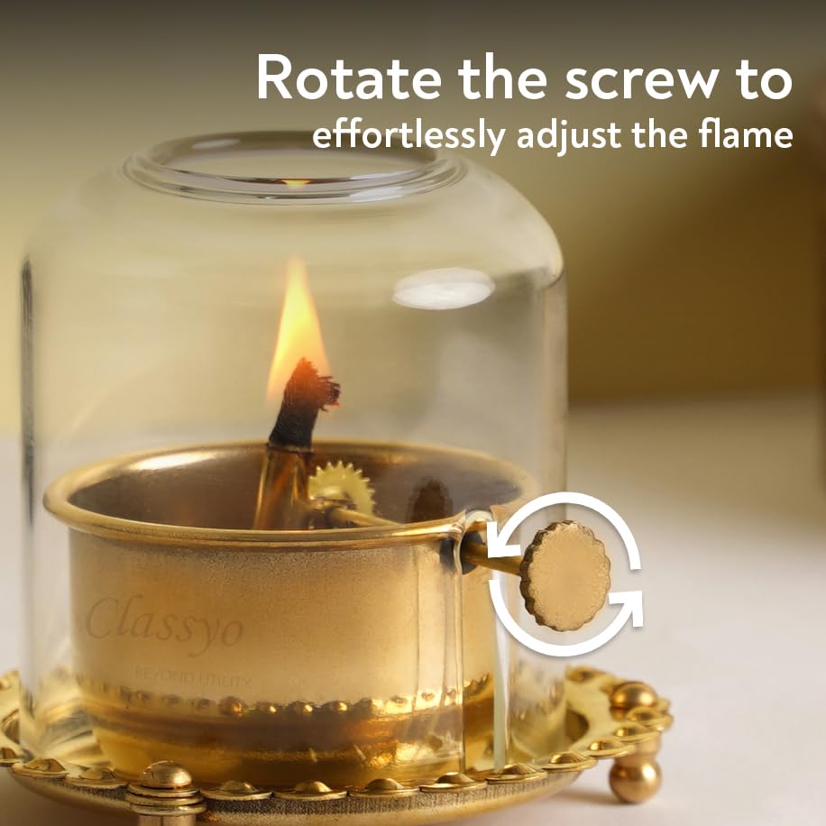 Classyo Brass Akhand Diya with Adjustable Bati, with Screw Lever for Puja, Borosilicate Glass (4 inch, 180 ml Oil Capacity)